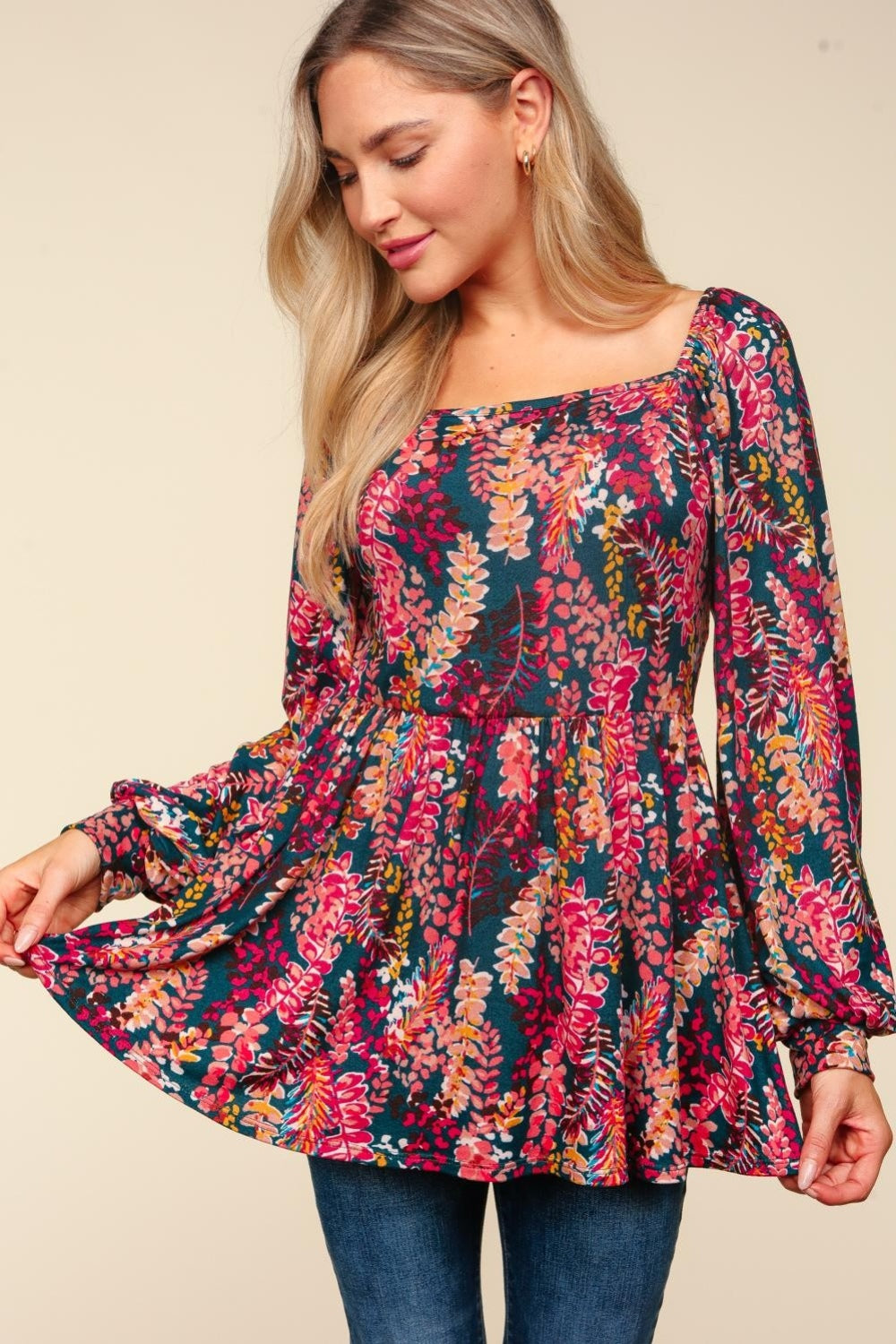 Haptics Full Size Peplum Floral Square Neck Blouse  Trendsi   