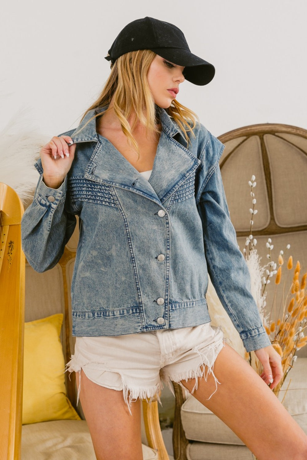 BiBi Button Up Long Sleeve Denim Jacket  Trendsi   