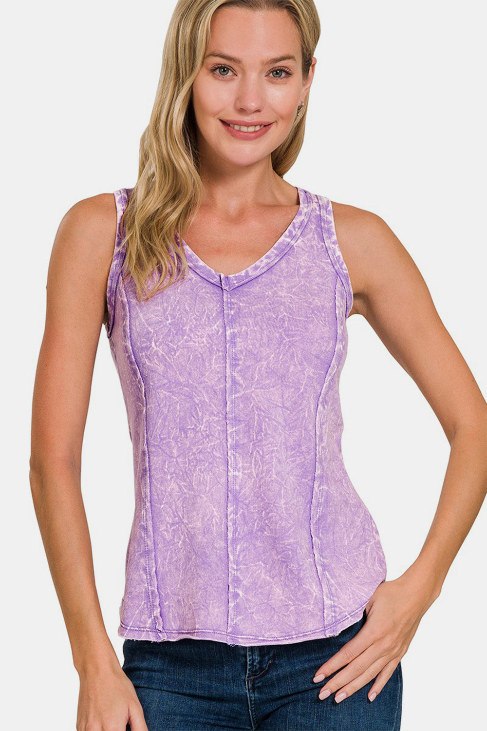 Zenana Exposed Seam V-Neck Wide Strap Tank  Trendsi LAVENDER S 