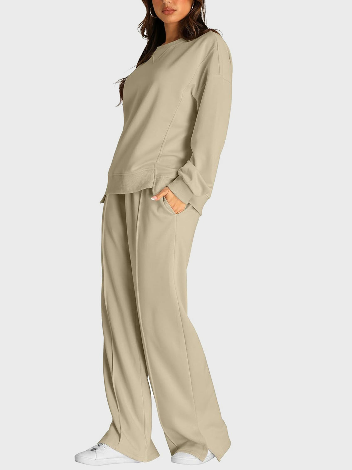 Round Neck Long Sleeve Top and Slit Pants Set  Trendsi   