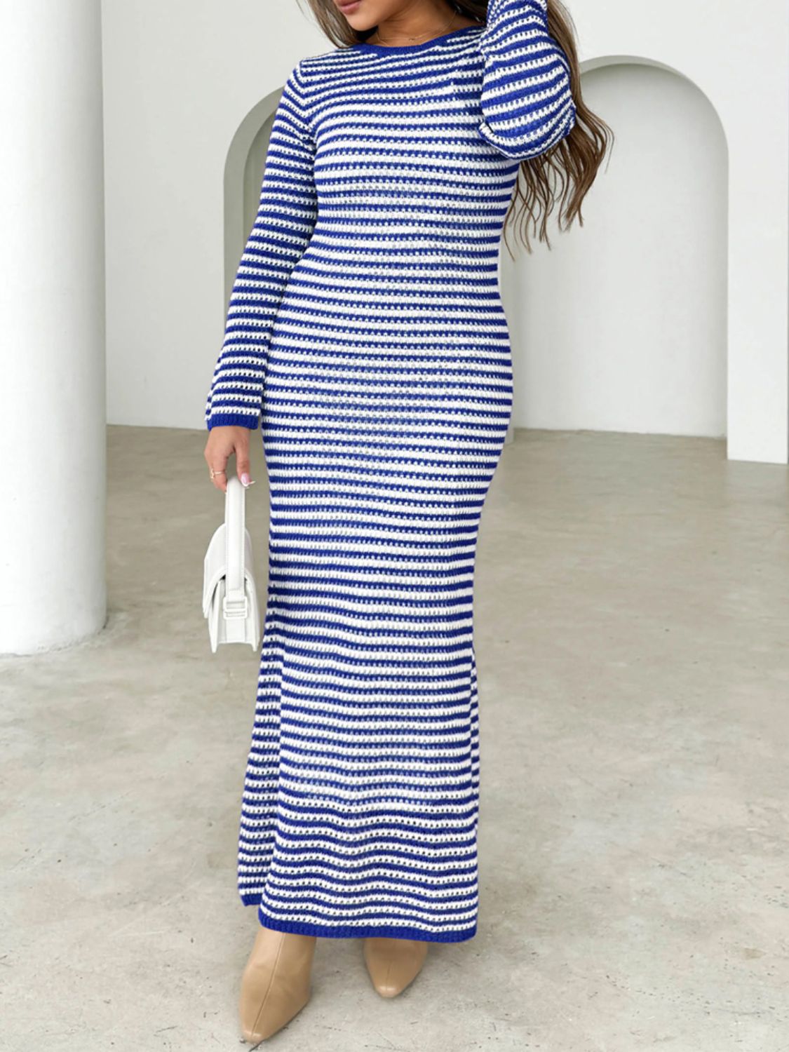 Devine Tied Round Neck Striped Sweater Dress  Trendsi Blue S 