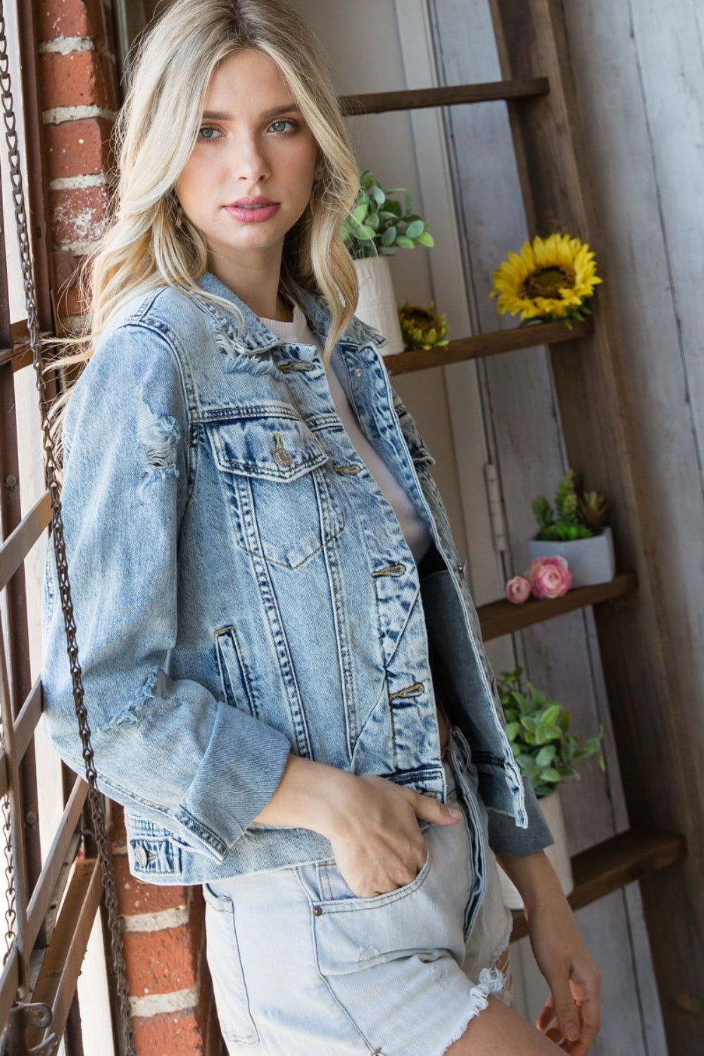 Veveret Distressed Button Up Denim Jacket  Trendsi   