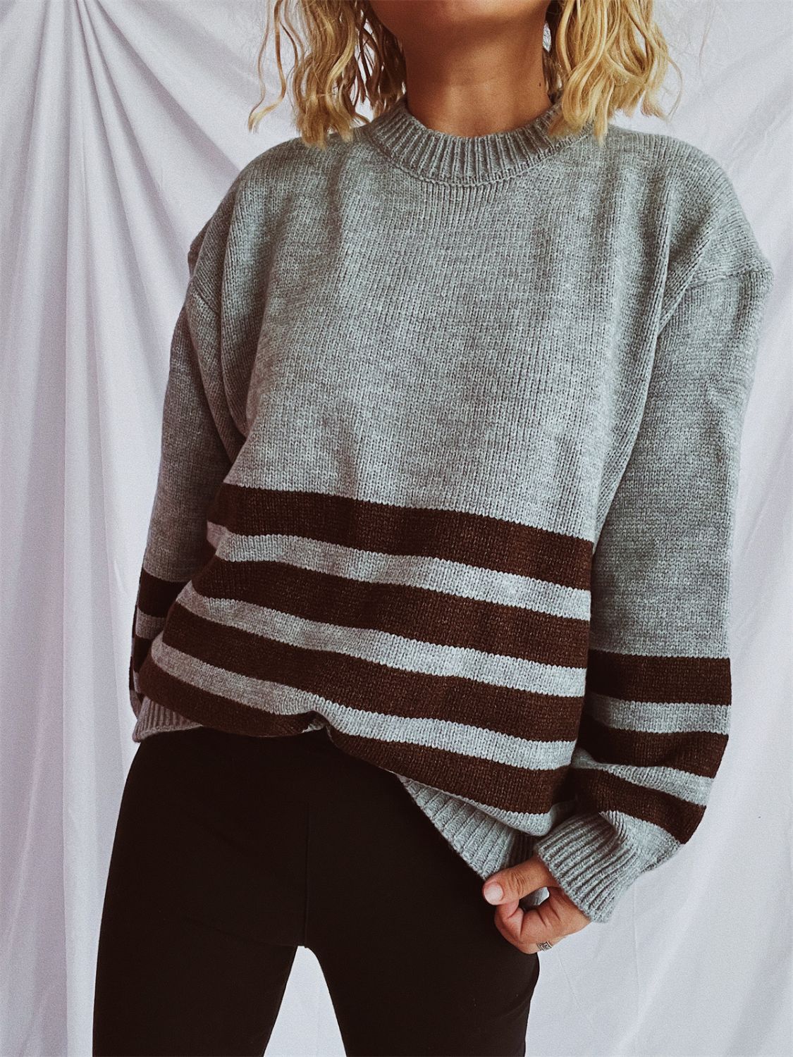 Striped Dropped Shoulder Long Sleeve Sweater  Trendsi   