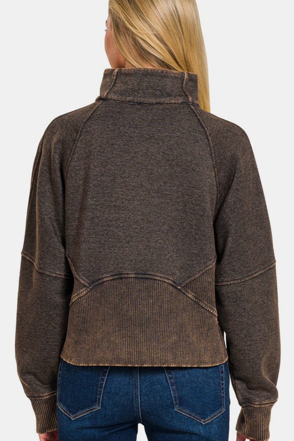 Zenana Acid Washed Half Zip Fleece Sweatshirt  Trendsi   