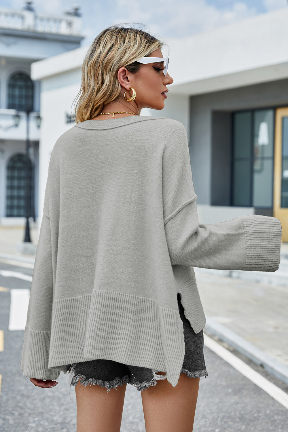 High-Low Slit Round Neck Long Sleeve Sweater  Trendsi   