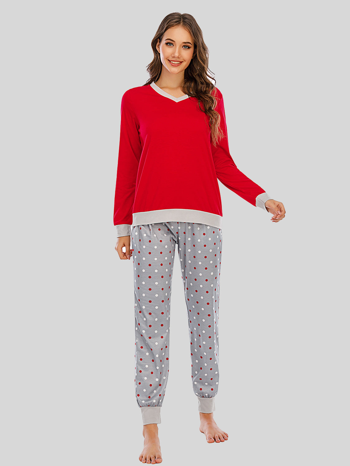 Long Sleeve Top and Polka Dot Pants Set  Trendsi Deep Red S 