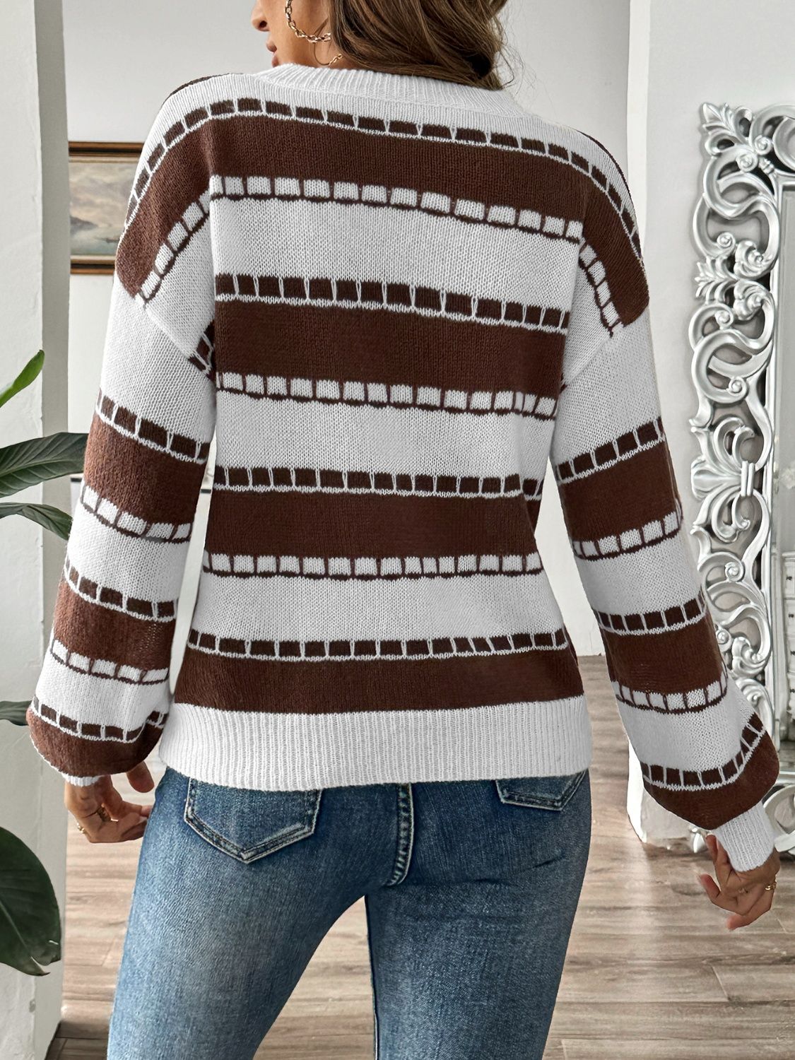 Striped Round Neck Long Sleeve Sweater  Trendsi   