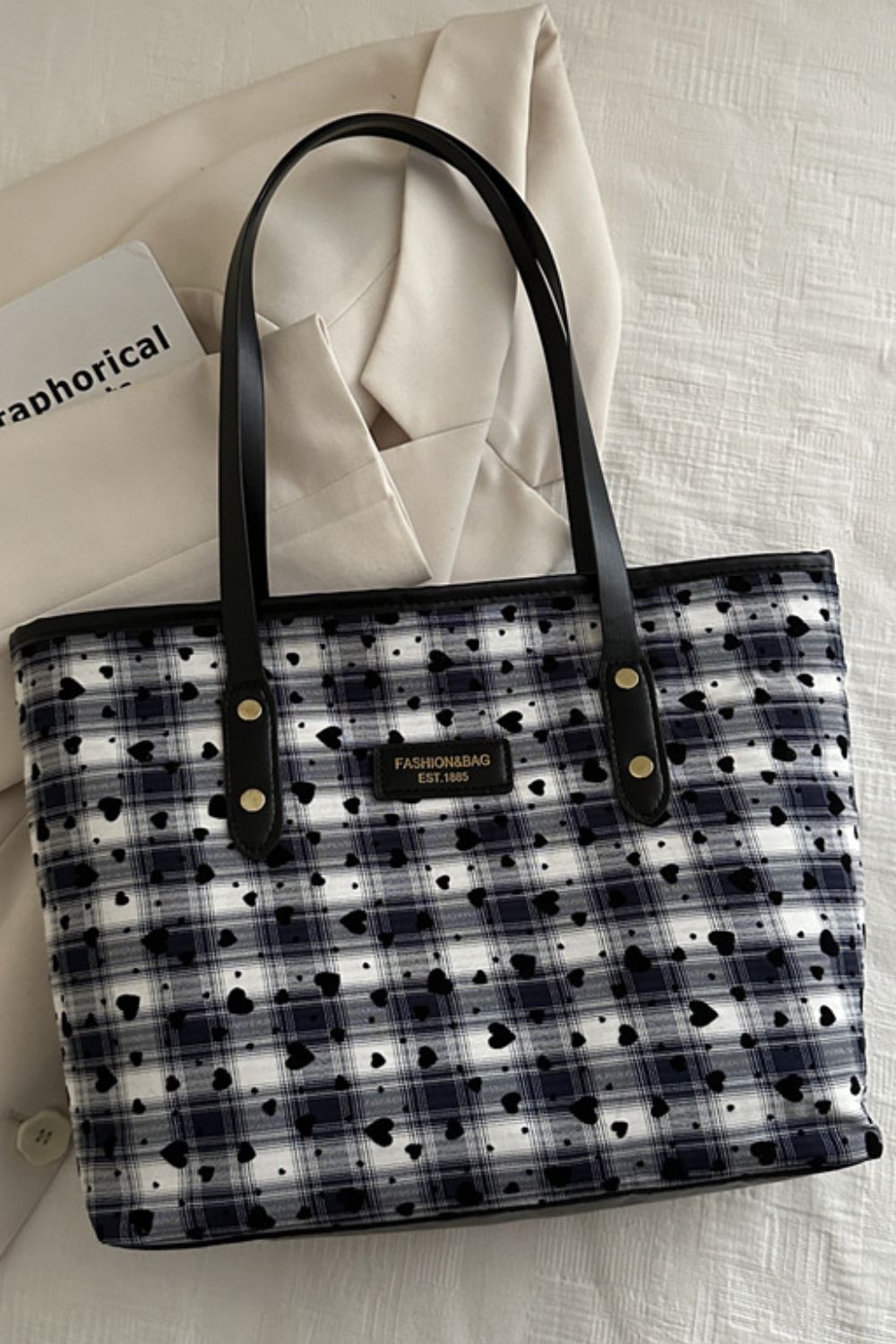 Heart Plaid PU Leather Strap Tote Bag  Trendsi Black One Size 