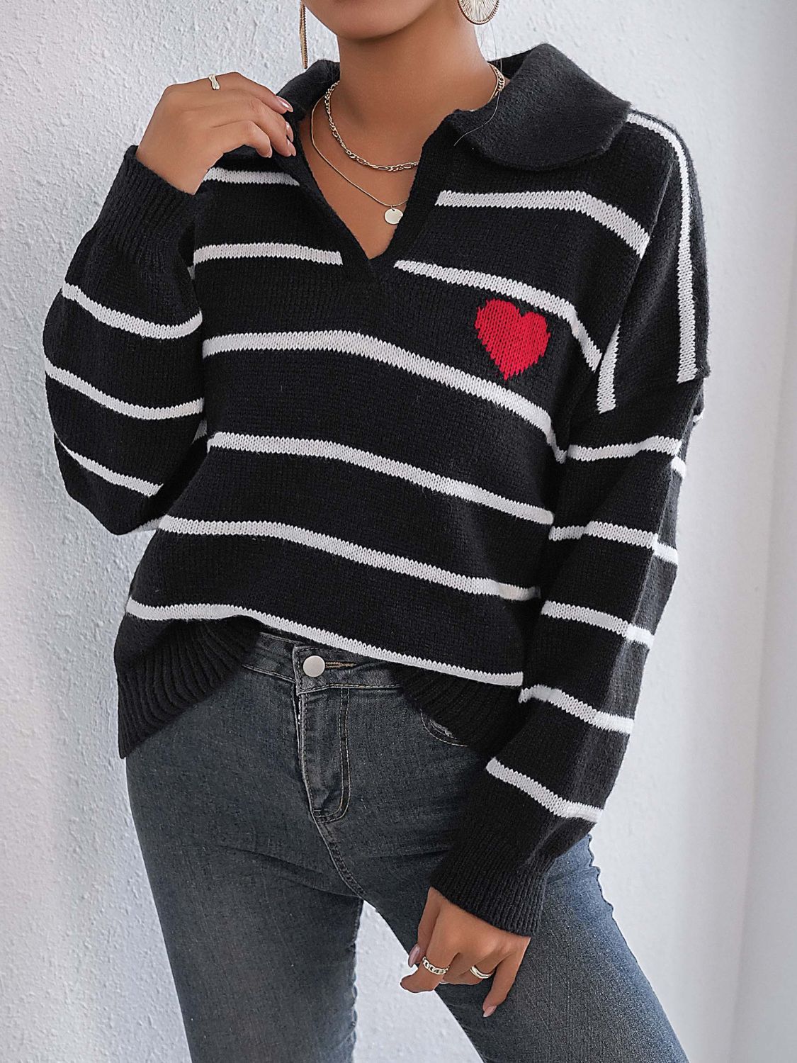 Striped Johnny Collar Long Sleeve Sweater  Trendsi   