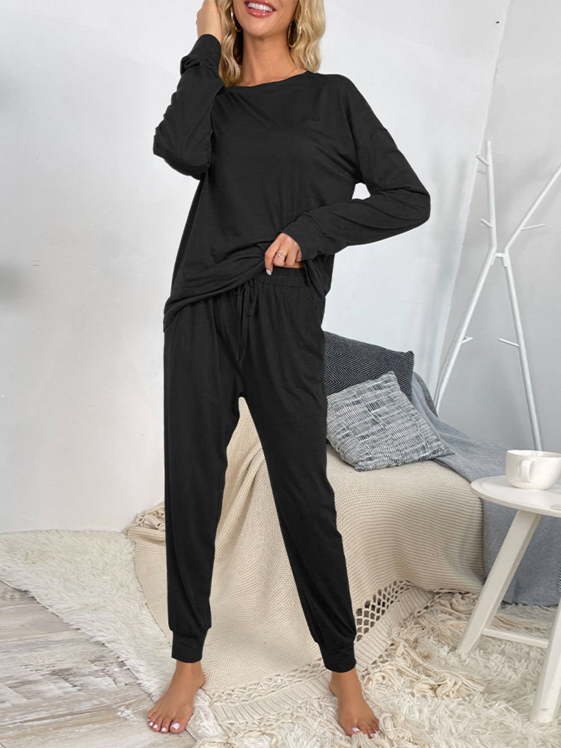 Shiny Round Neck Top and Drawstring Pants Lounge Set  Trendsi Black S 