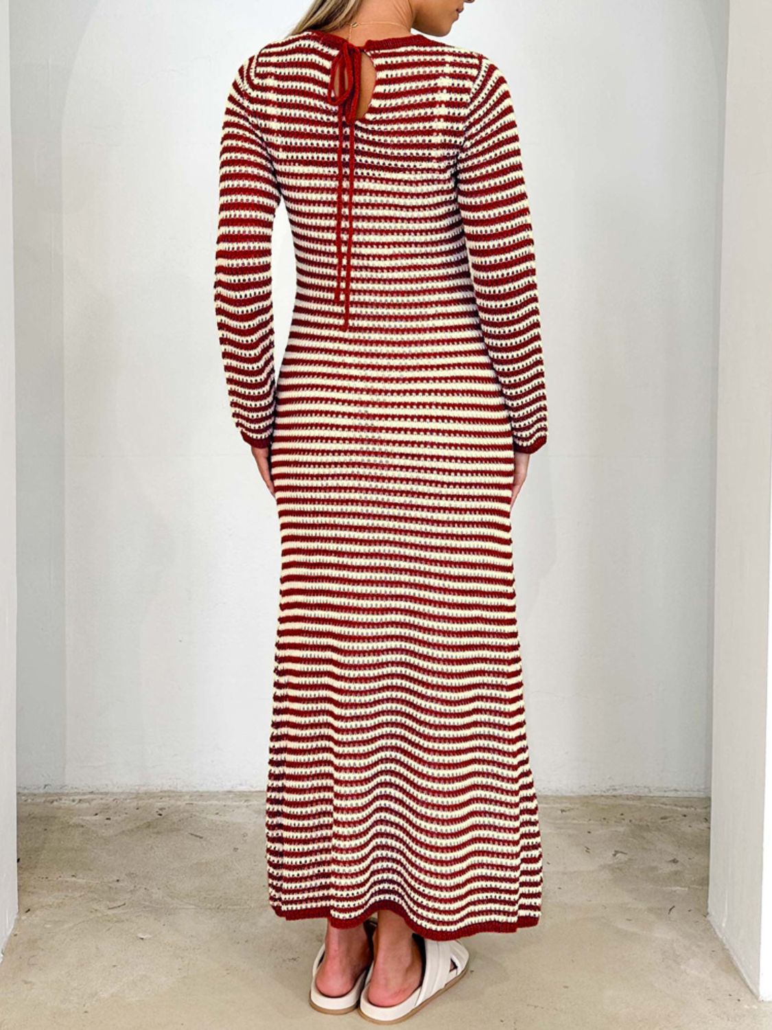 Devine Tied Round Neck Striped Sweater Dress  Trendsi   