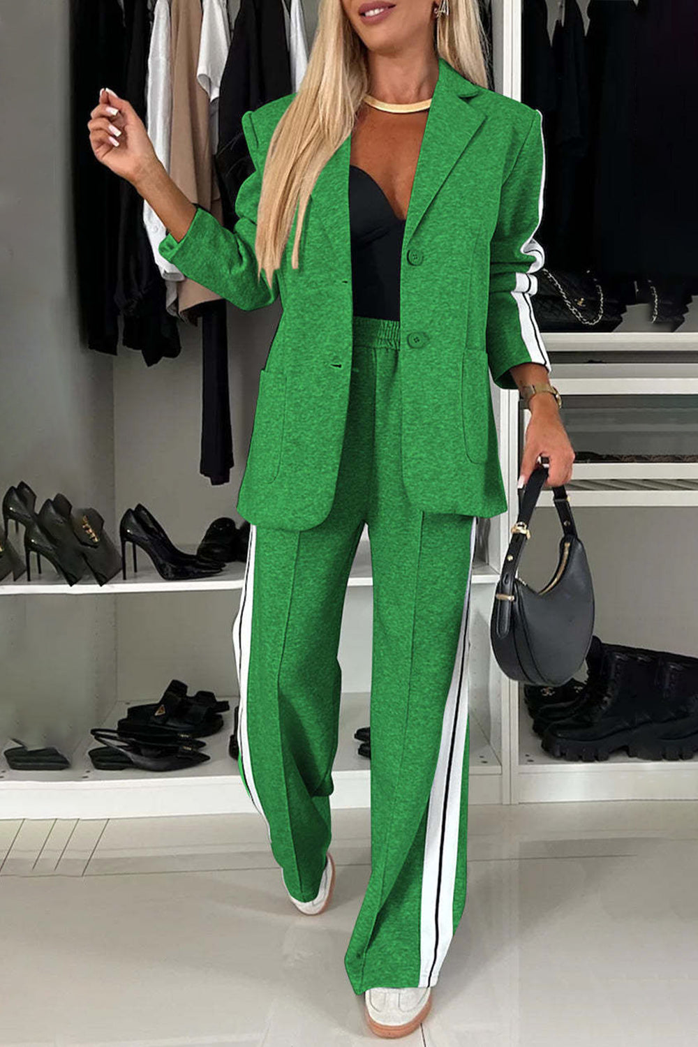 Full Size Contrast Lapel Collar Top and Pants Set  Trendsi Green S 