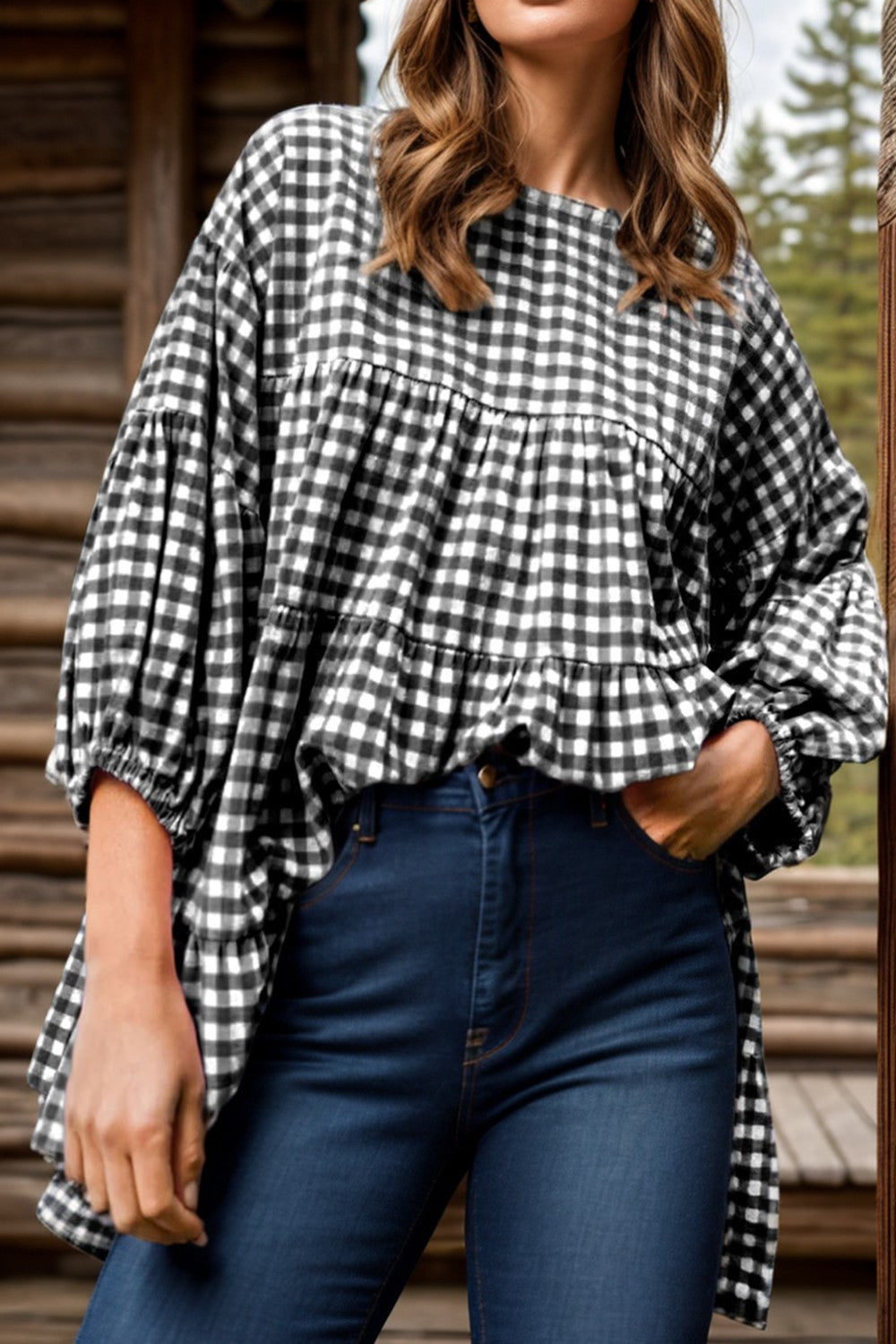 Tiered Plaid Round Neck Long Sleeve Blouse Blouse Trendsi Plaid S 