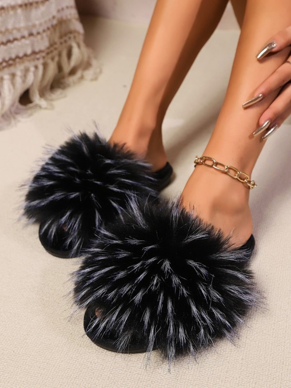 Fuzzy Open Toe Flat Sandals  Trendsi   