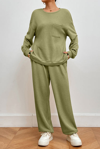 Pocketed Round Neck Top and Pants Lounge Set  Trendsi   