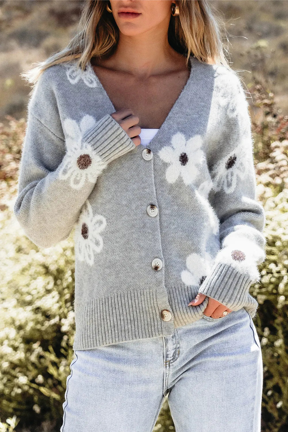 Flower Button Up Long Sleeve Cardigan  Trendsi Gray S 