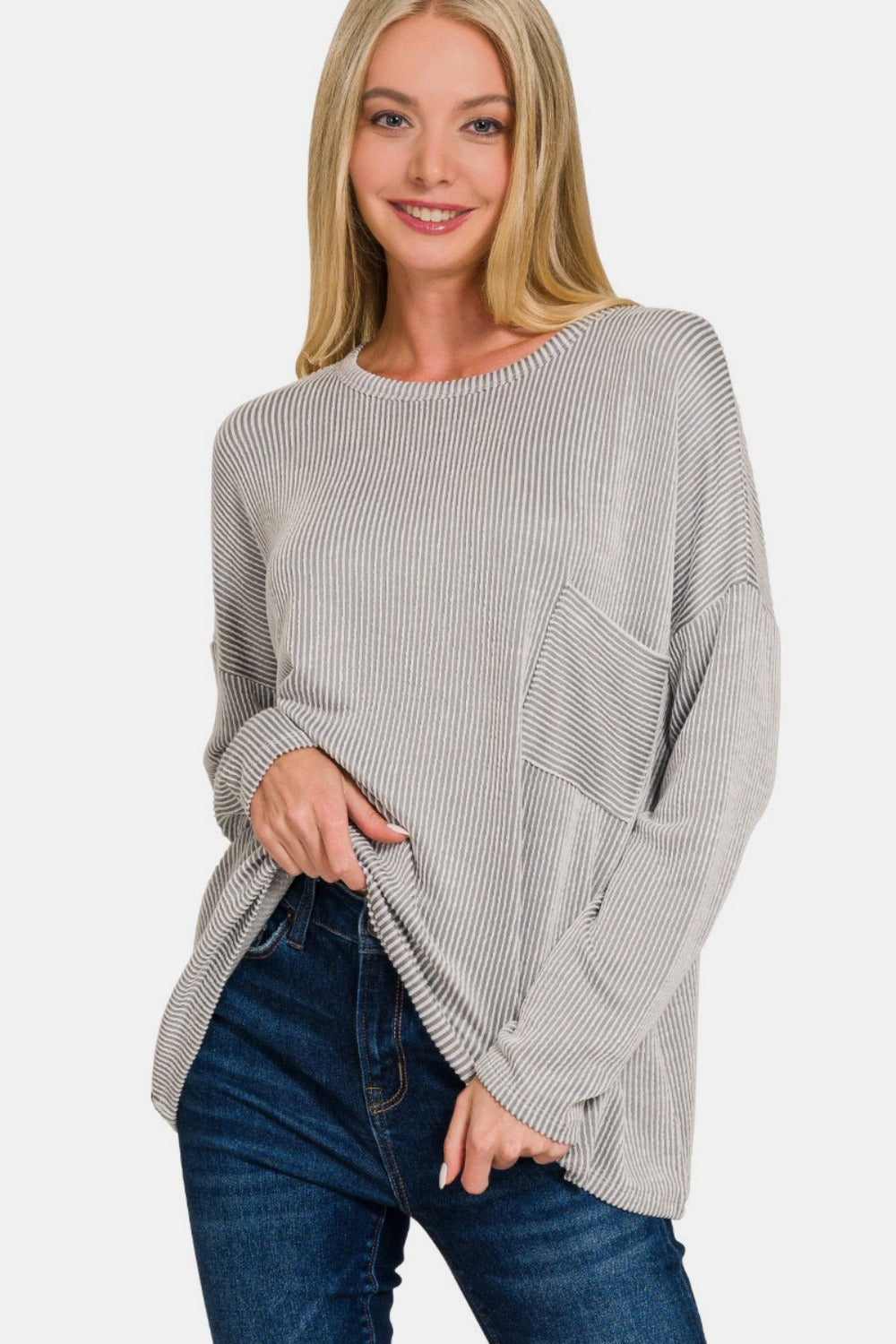 Zenana Ribbed Striped Long Sleeve T-Shirt  Trendsi LT Grey S/M 