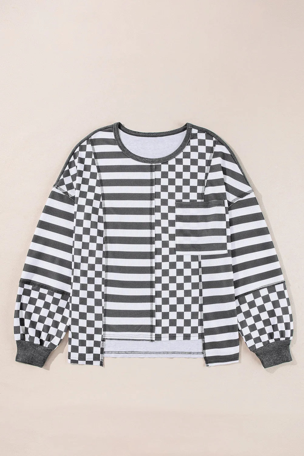 Checker & Stripes Round Neck Long Sleeve Blouse  Trendsi Black M 