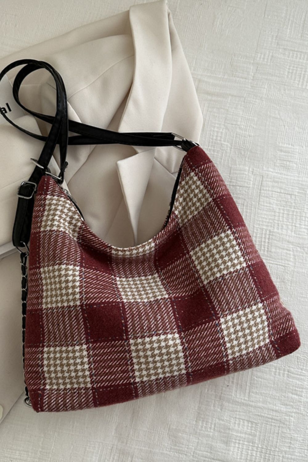 Plaid Adjustable Strap Handbag Bag Trendsi Deep Red One Size 