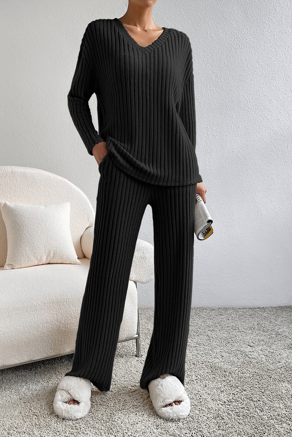 Ribbed V-Neck Top and Pants Lounge Set  Trendsi Black S 