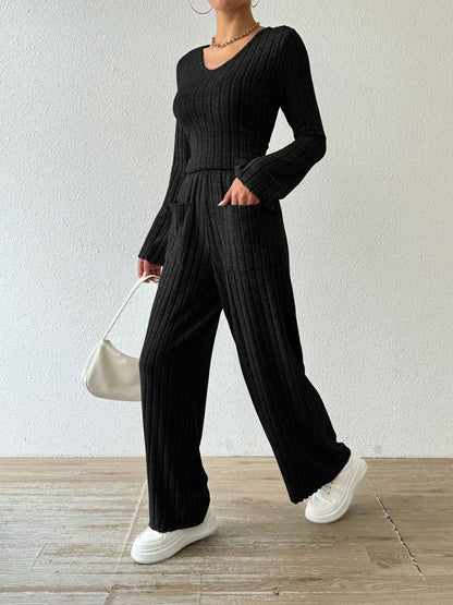 Ribbed V-Neck Long Sleeve Top and Pocketed Pants Set  Trendsi   