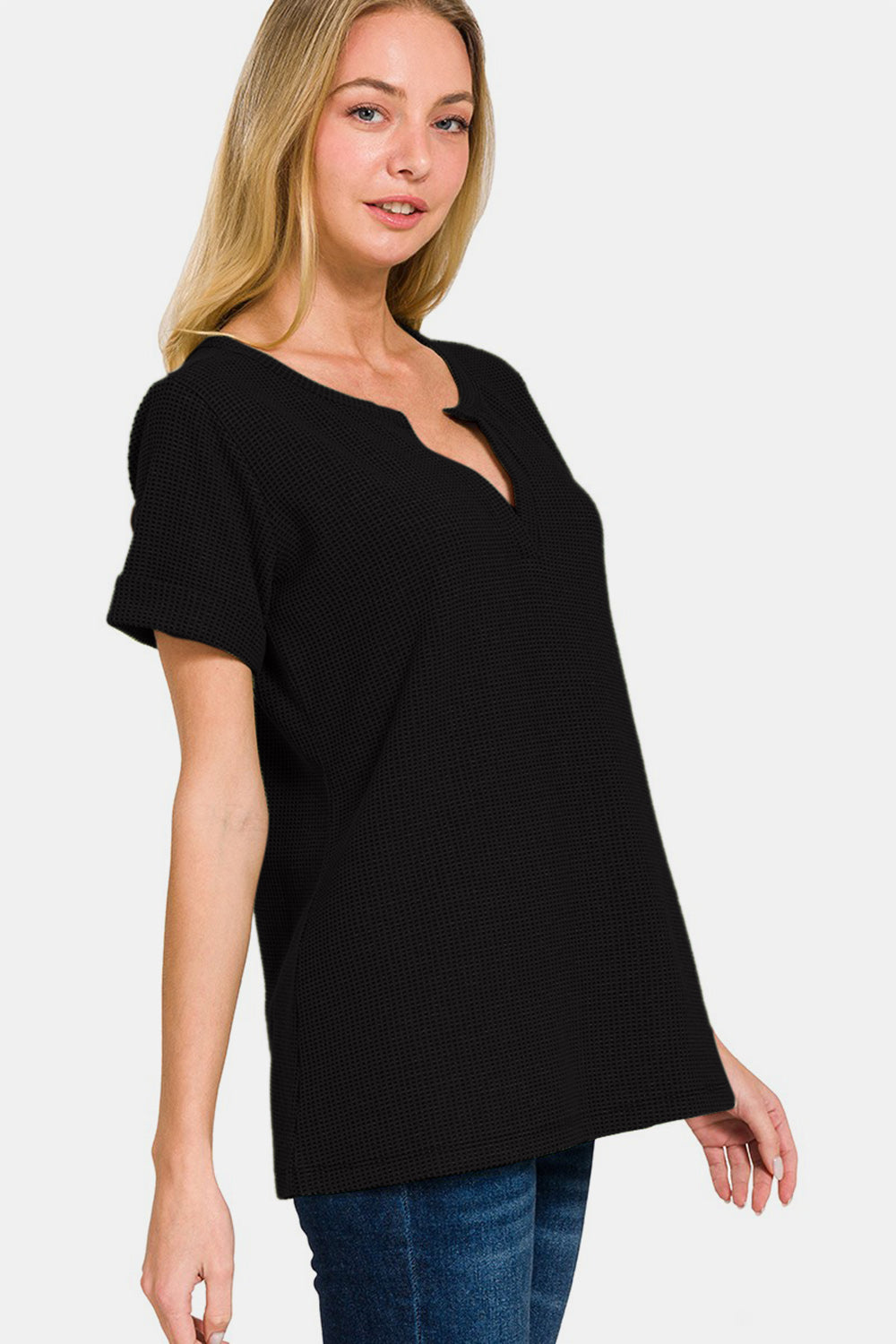 Zenana Notched Short Sleeve Waffle T-Shirt  Trendsi   