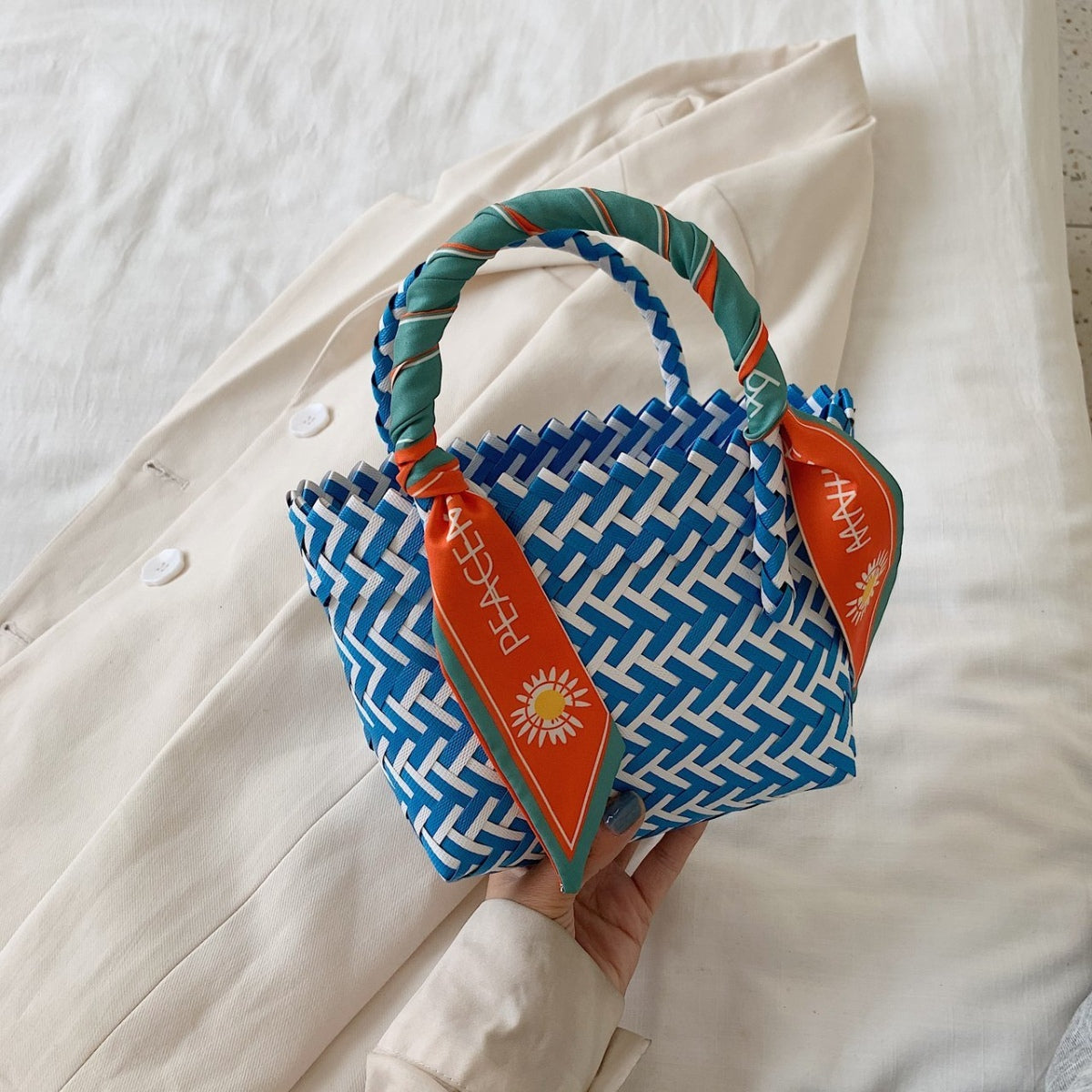 Contrast Woven Handbag with Ribbon  Trendsi   