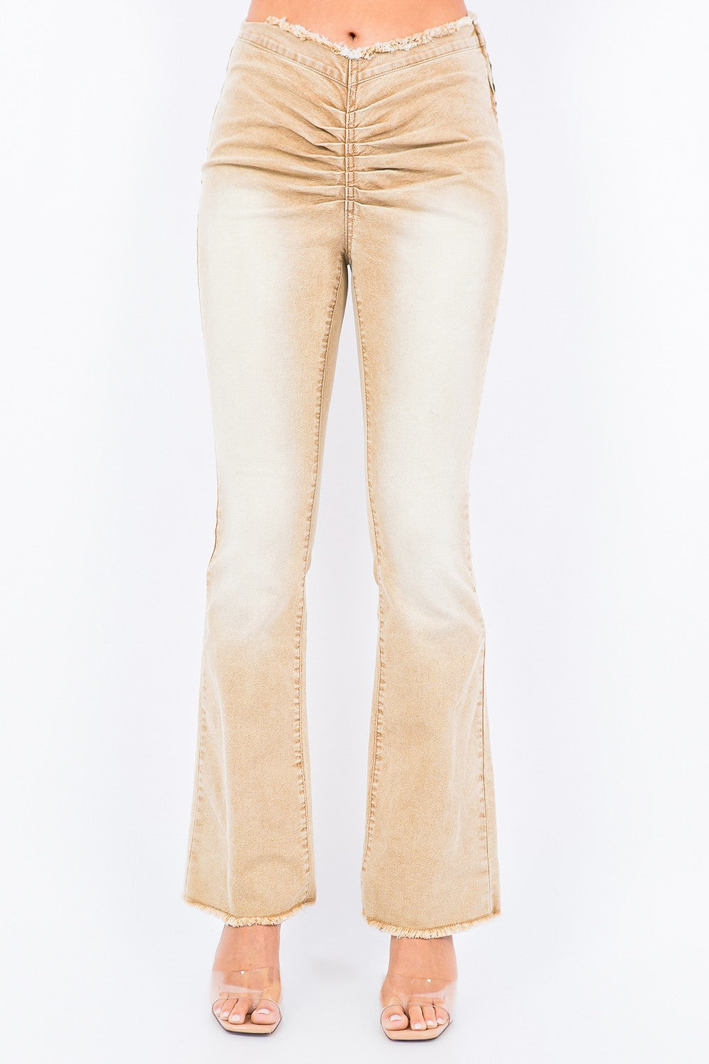 American Bazi V-Cut Ruched Flare Pants  Trendsi Tan S 