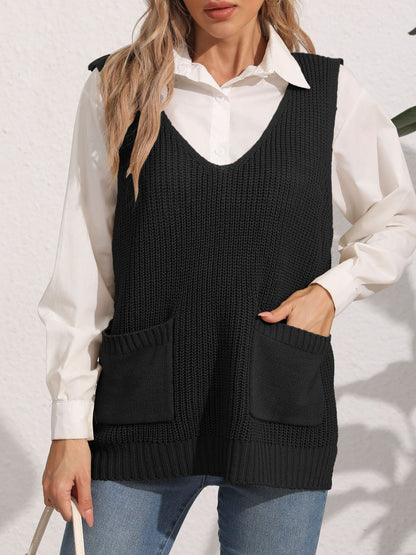 Pocketed V-Neck Sweater Vest  Trendsi   