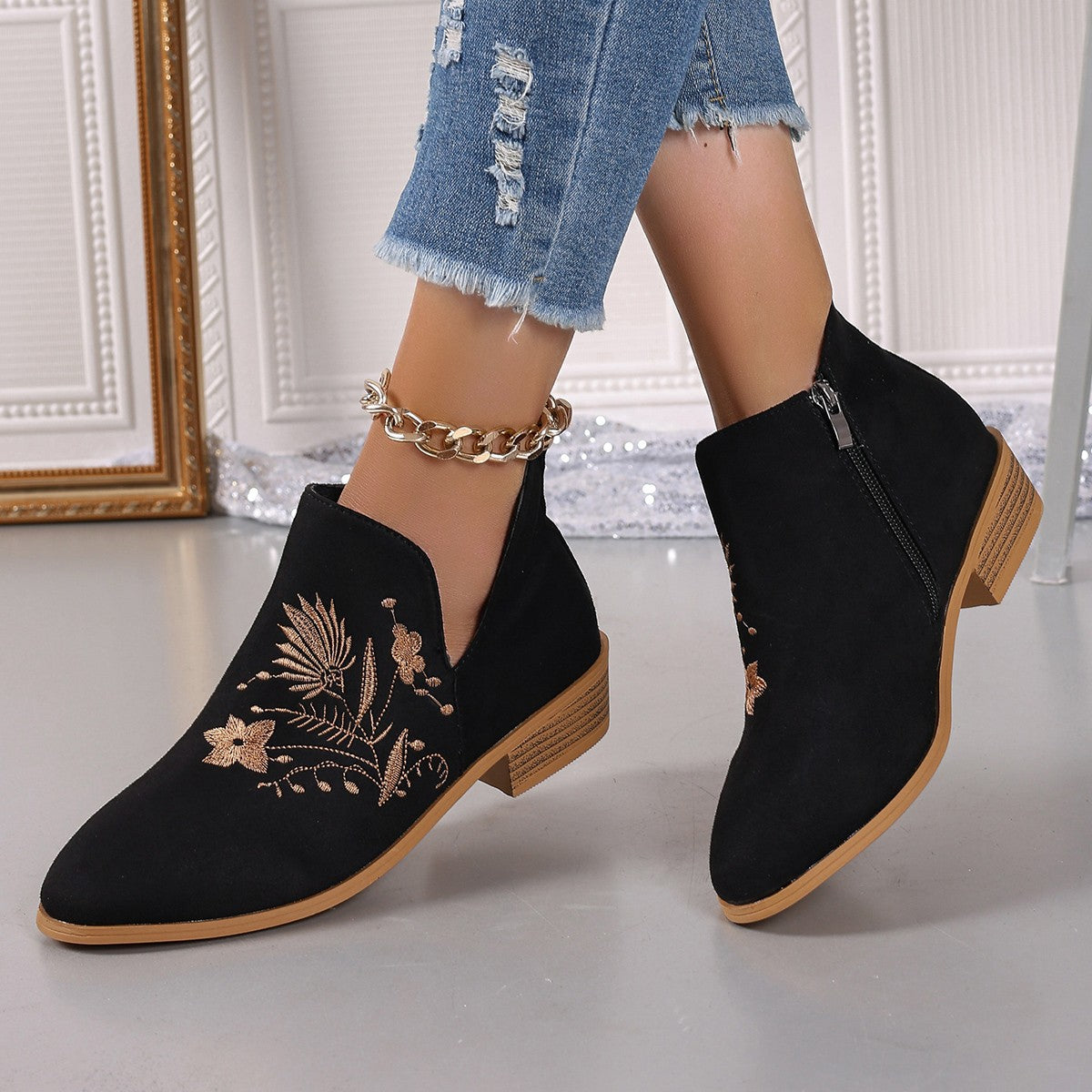 Embroidered Suede Point Toe Block Heel Boots  Trendsi Black 36(US5) 