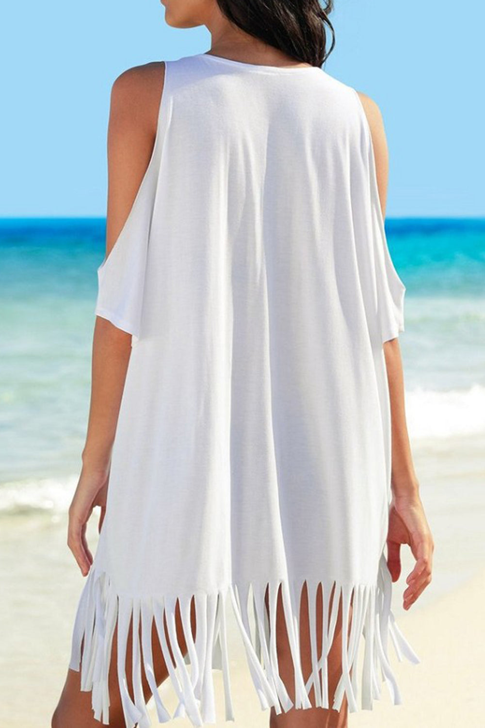 Fringe V-Neck Cold Shoulder Cover Up  Trendsi   