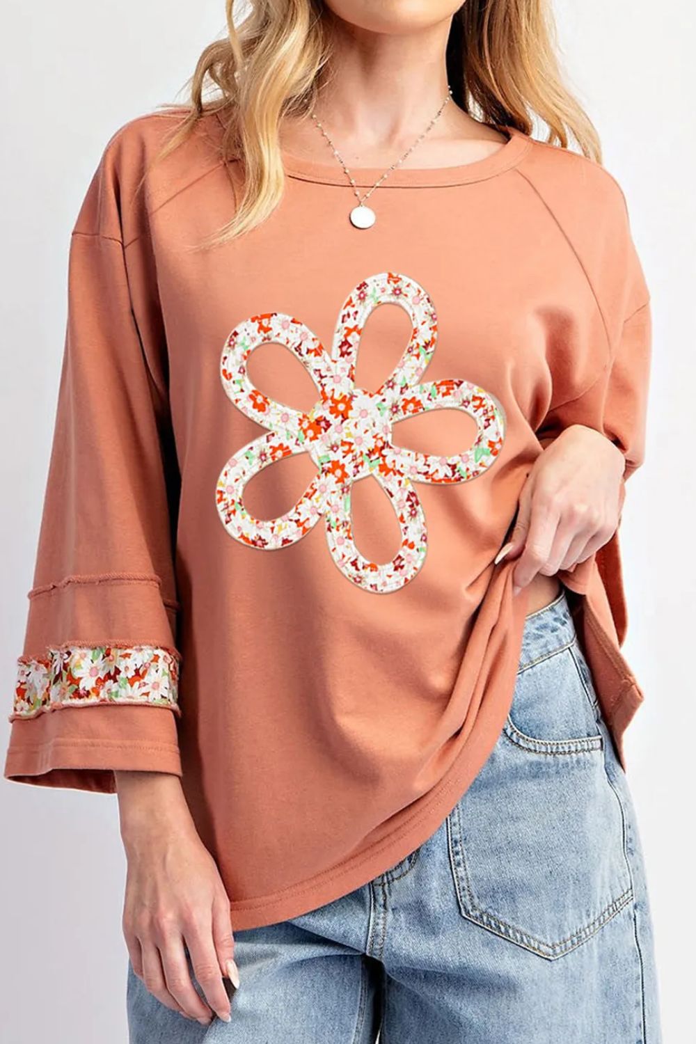 Exposed Seam Slit Floral Round Neck Blouse Blouse Trendsi Sherbet S 