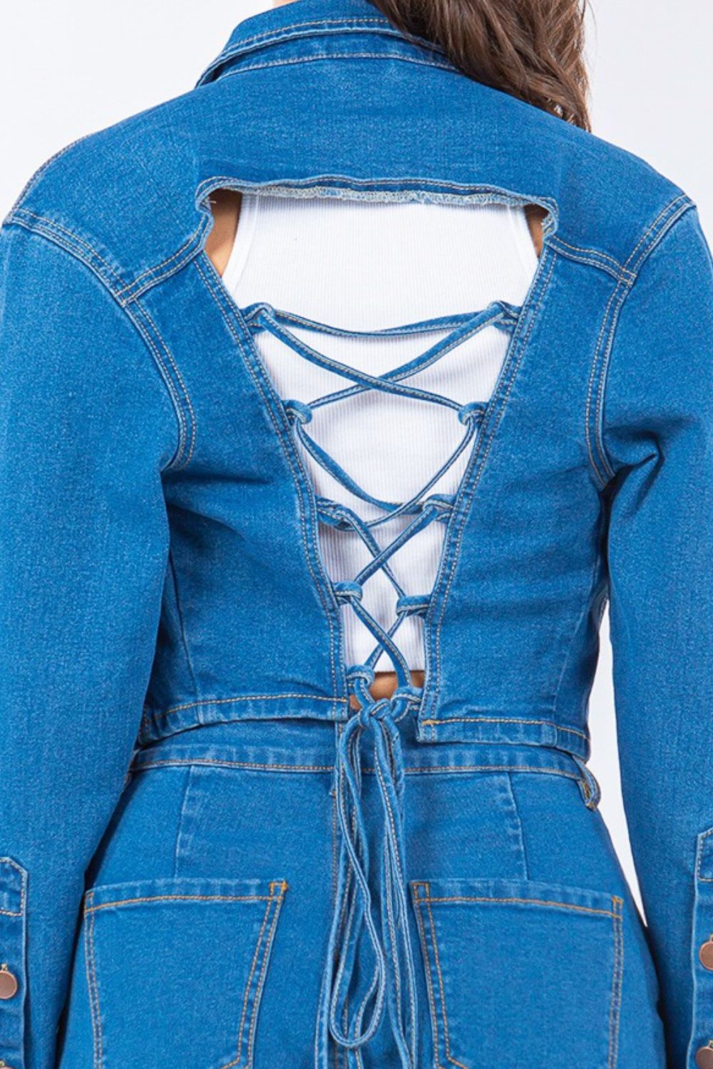 American Bazi Laced Back Cropped Denim Jacket  Trendsi   