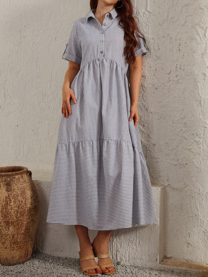 Striped Collared Neck Short Sleeve Dress