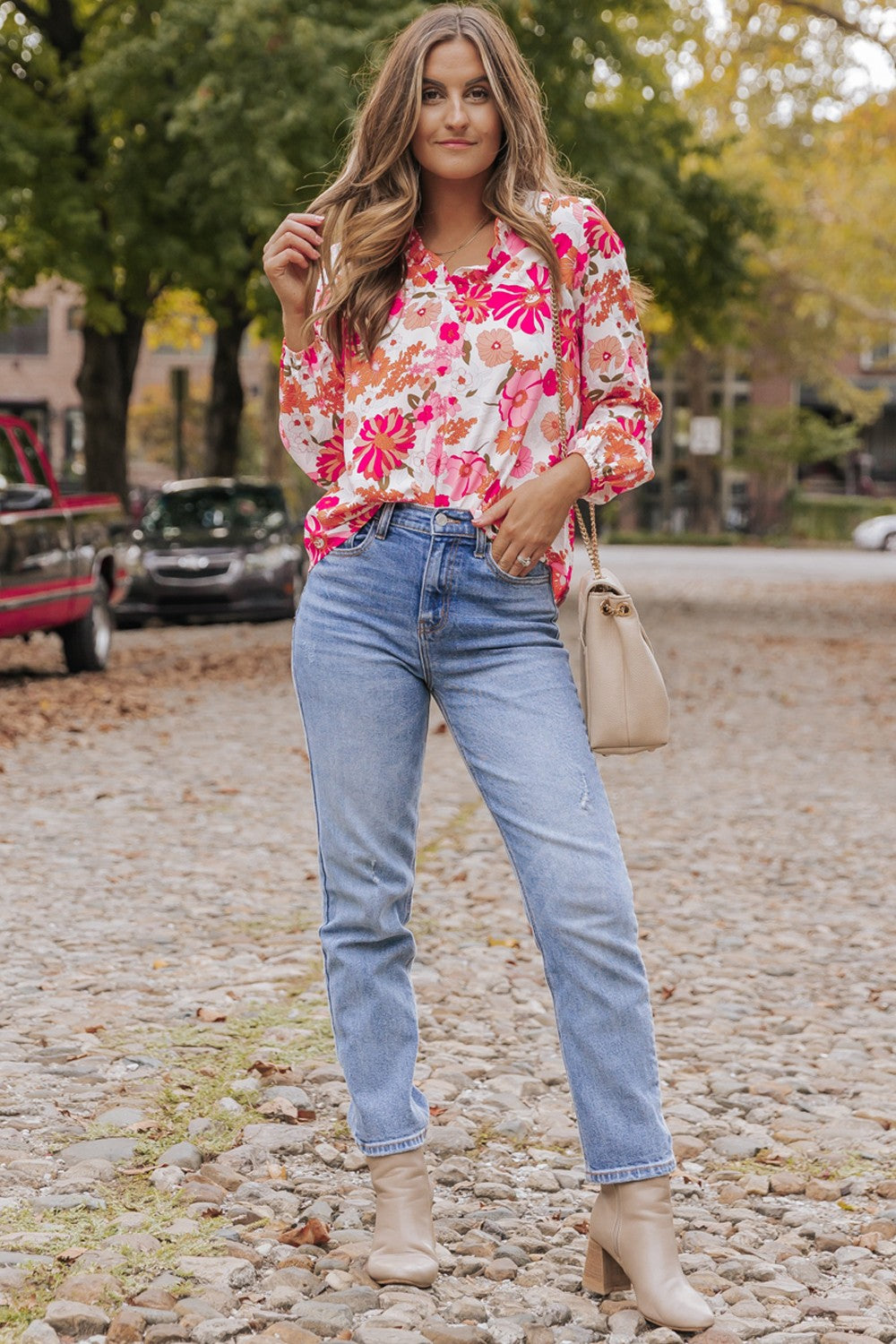 Floral V-Neck Frill Long Sleeve Blouse Blouse Trendsi   