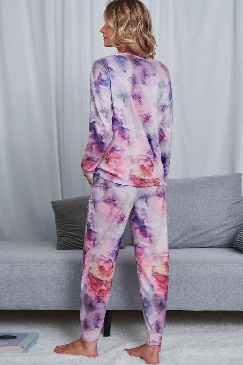 Shiny Tie-Dye Crewneck Top and Drawstring Waist Joggers Lounge Set