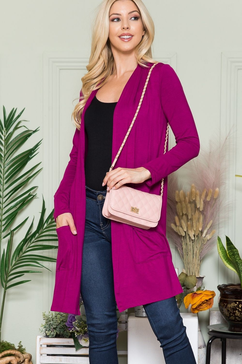 Celeste Full Size Open Front Cardigan with Pockets  Trendsi Magenta S 