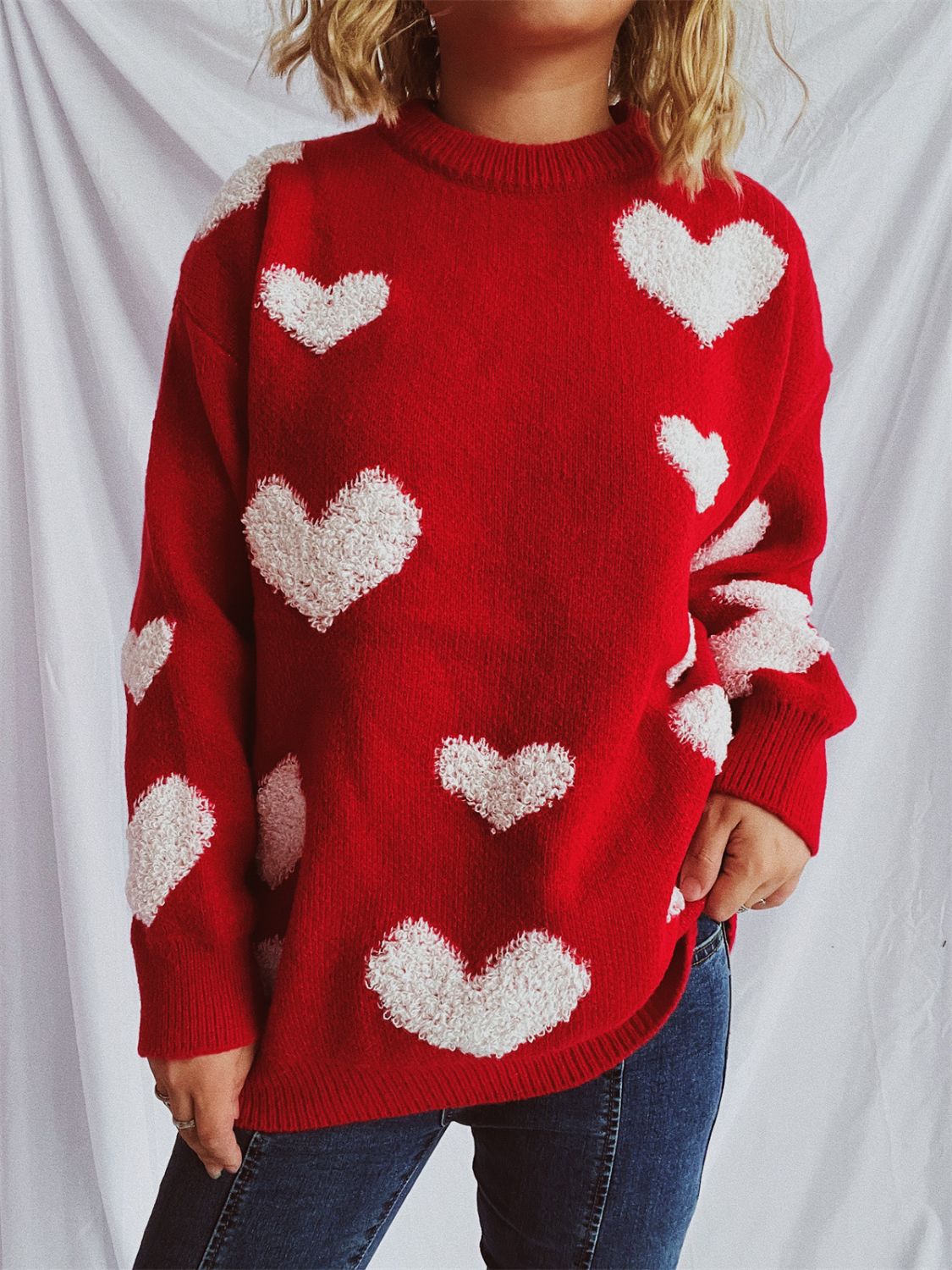 Heart Round Neck Dropped Shoulder Sweater  Trendsi   