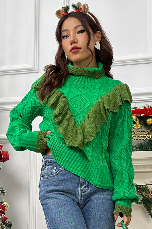 Cable-Knit Ruffled Mock Neck Lantern Sleeve Sweater  Trendsi Mid Green S 