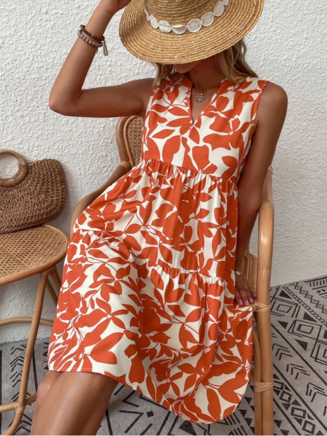 Printed Notched Sleeveless Mini Dress Dress Trendsi   