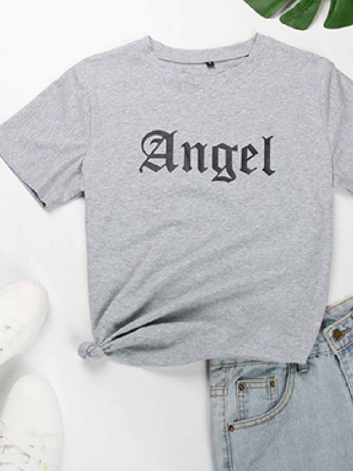 Perfee ANGEL Round Neck Short Sleeve T-Shirt T-Shirt Trendsi Gray S 