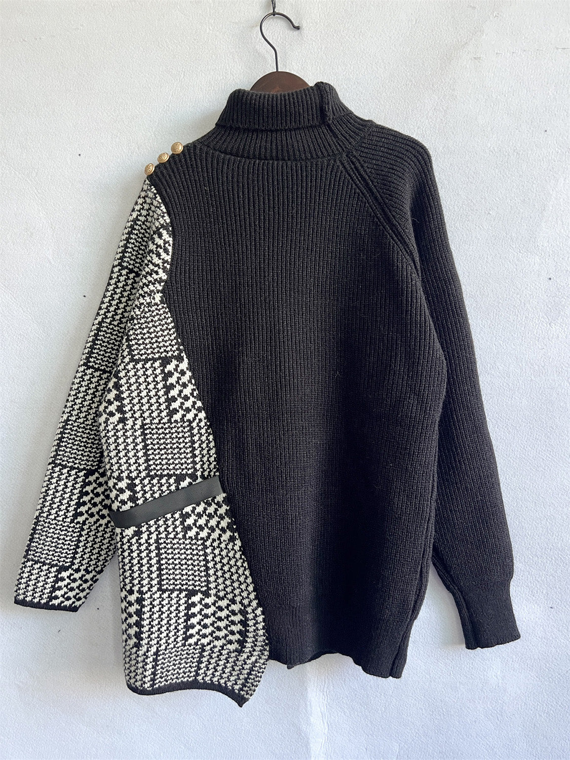 Houndstooth Turtleneck Long Sleeve Slit Sweater  Trendsi   