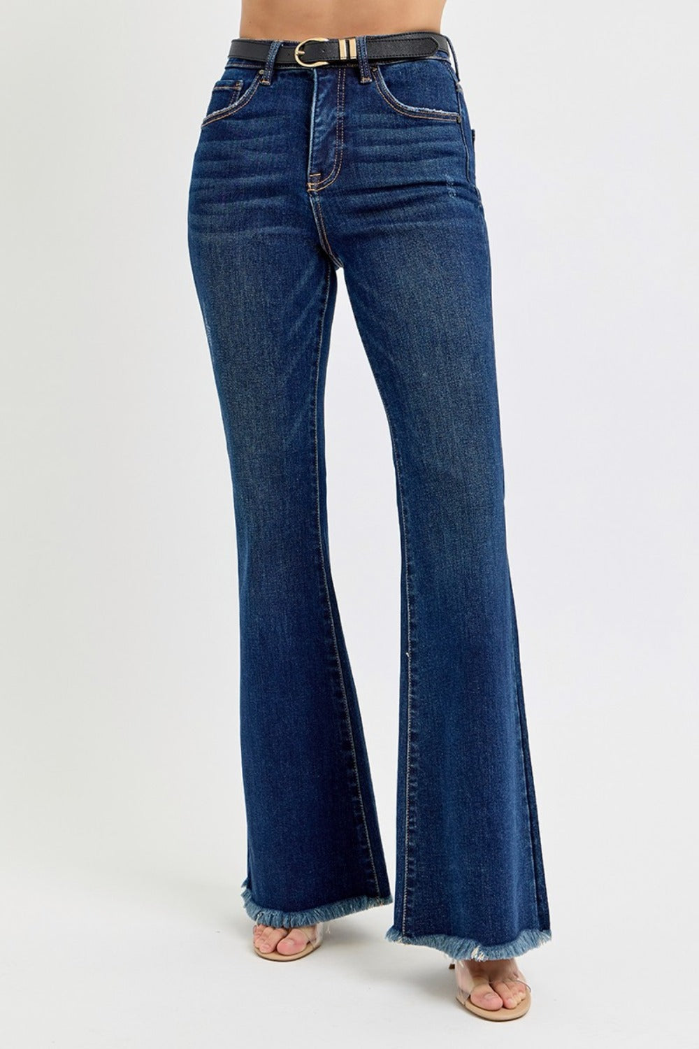 RISEN Tummy Control Frayed Hem Flare Jeans Luxe Trendsi   