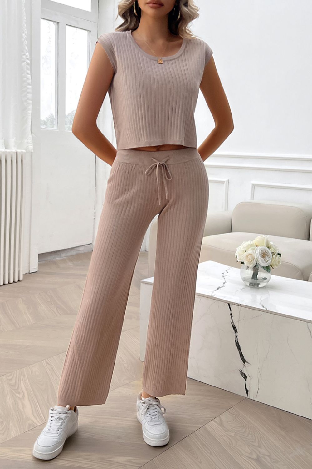 Devine Ribbed Round Neck Top and Pants Set  Trendsi   