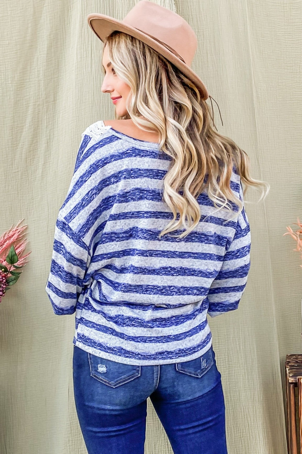 And The Why Striped Lace Detail V Neck Top  Trendsi   