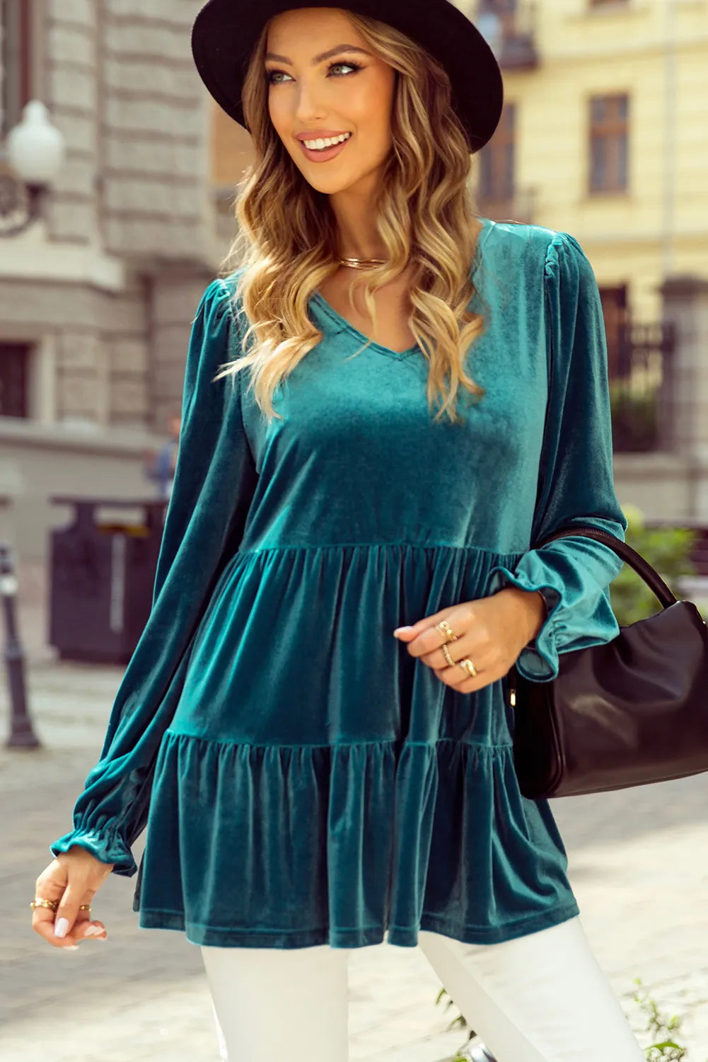 Peplum V-Neck Flounce Sleeve Blouse  Trendsi   