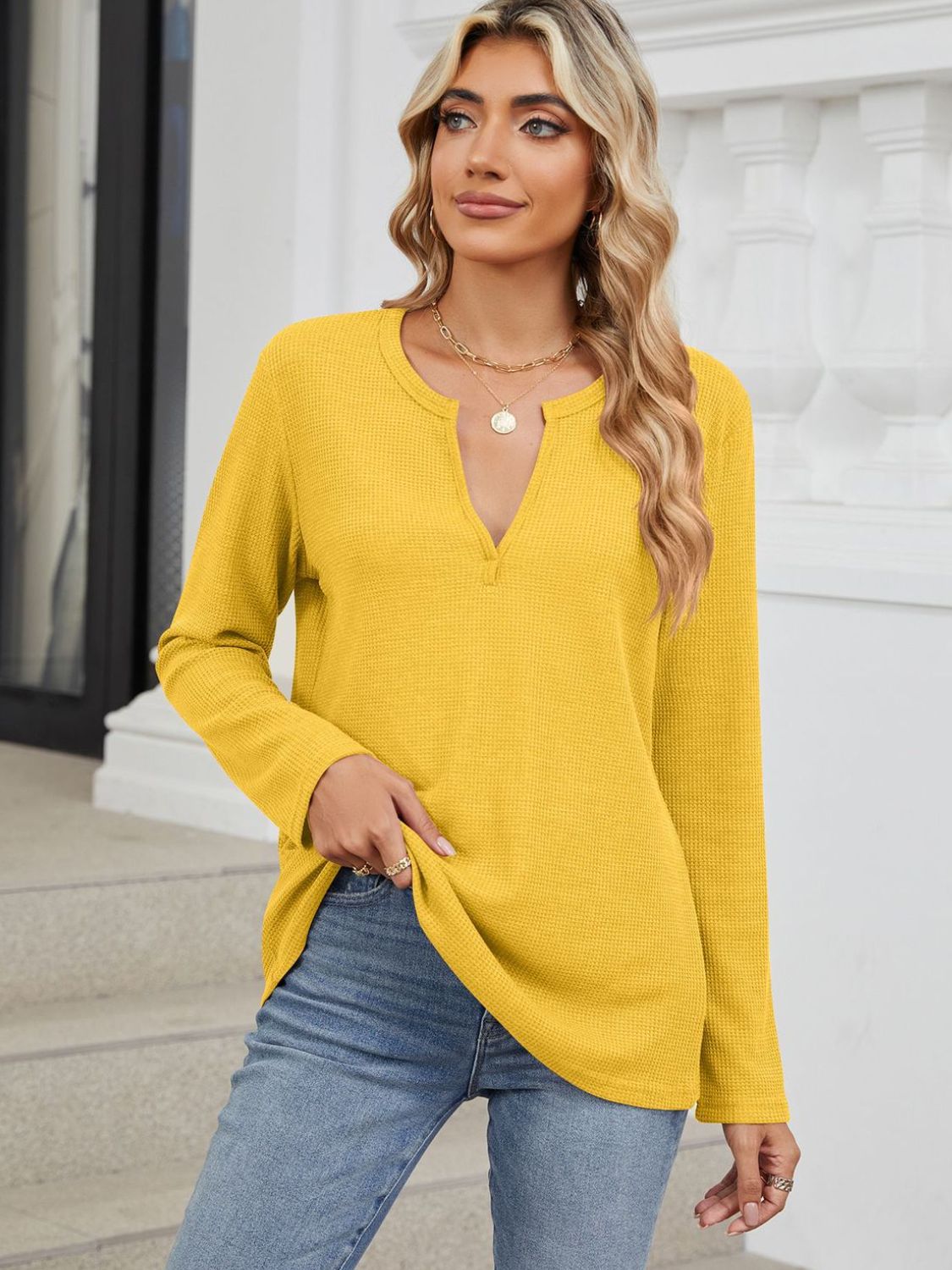 Waffle-Knit Notched Long Sleeve T-Shirt T-Shirt Trendsi Yellow S 