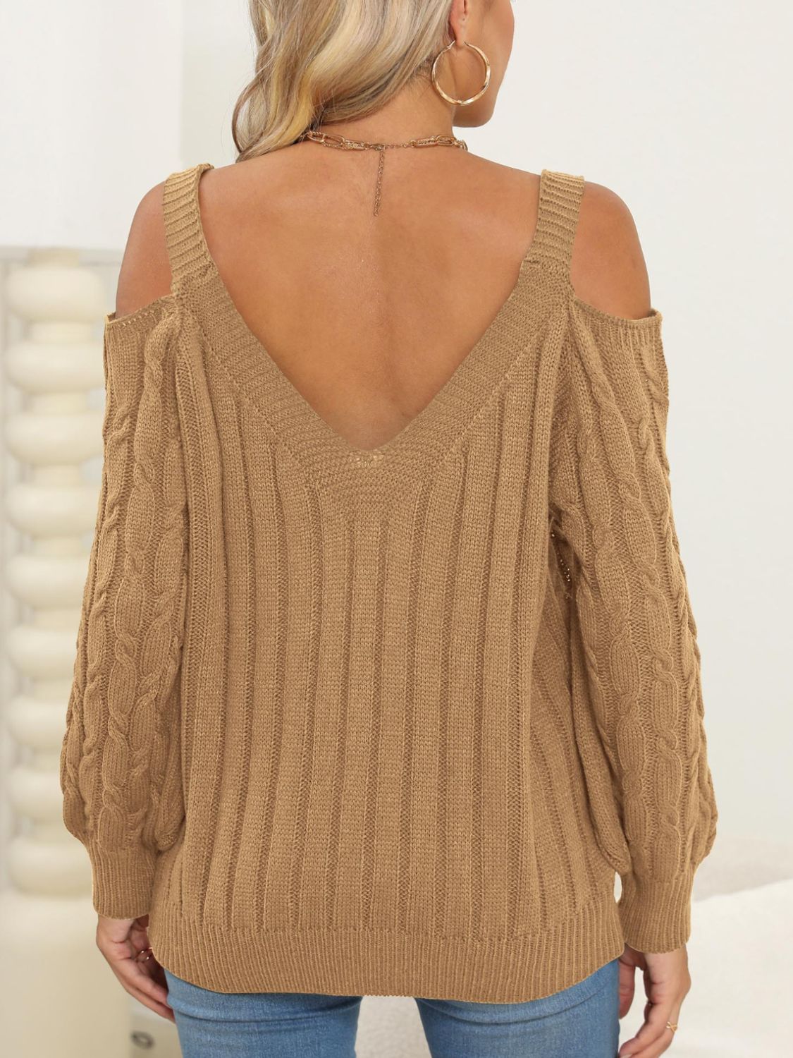 Cable-Knit Heart V-Neck Sweater  Trendsi   