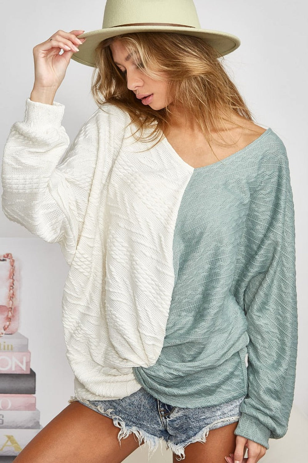 BiBi Twist Front Contrast Cable Knit Top Luxe Trendsi   