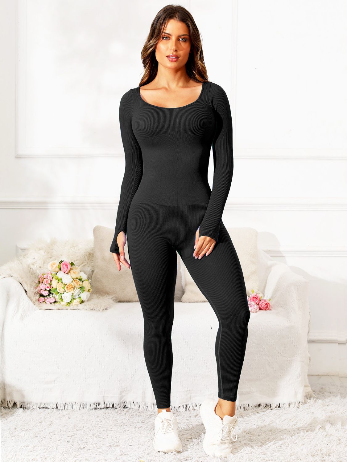 Scoop Neck Long Sleeve Active Jumpsuit  Trendsi Brown S 